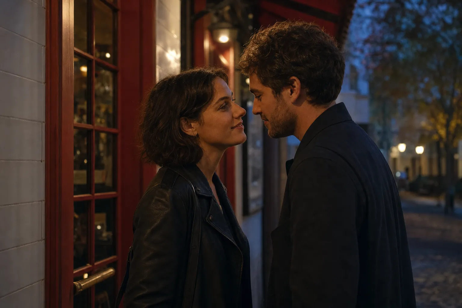A couple sharing mutual eye contact before a first kiss outside a restaurant