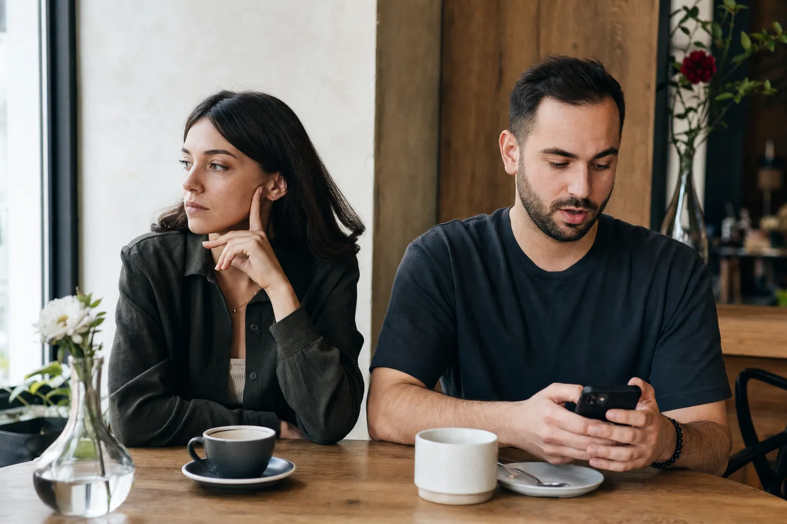 A man looking at his phone while his date appears disengaged at a cafe